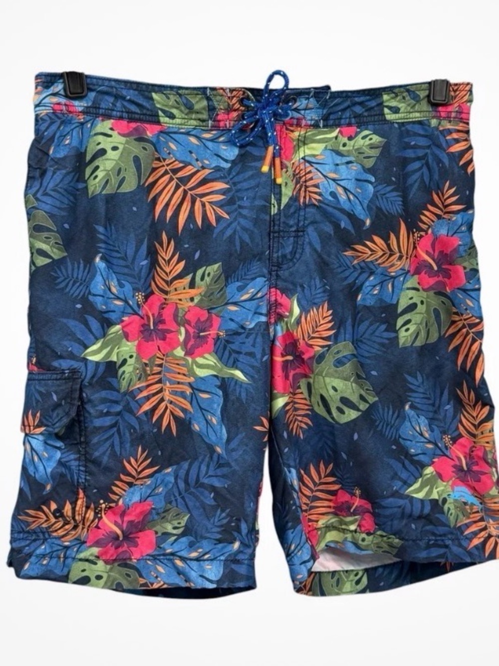 Tommy Bahama Navy Floral Swim Board Shorts with Pink & Orange Accents